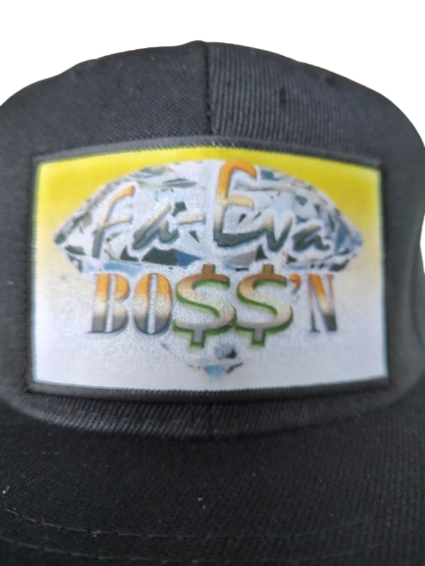 Fa-Eva Boss'n Diamond and Money Signs Black Frame 6 Panel Flat Bill Hat Black www.justsaynpromos.com
