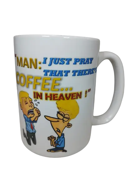 A funny coffee mug for men, white and 15 oz, showcasing a cartoon with one man crying on his knees and another man praying. The mug reads "MAN: I JUST PRAY THAT THERE'S COFFEE... IN HEAVEN!", making it an ideal Christian coffee mug gift and a perfect gag gift for a coffee lover who appreciates humor.
www.justsaynpromos.com