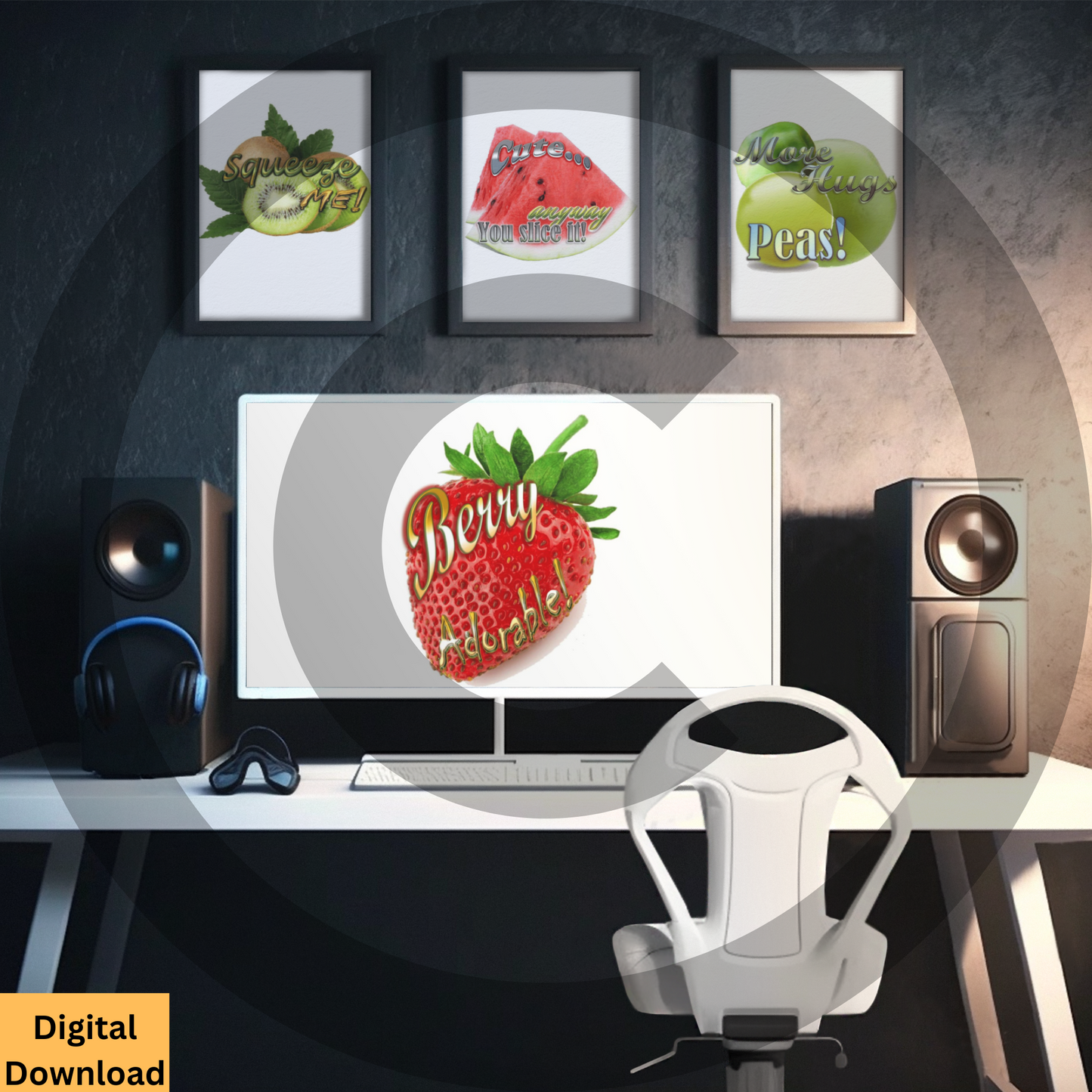 Fruit pun digital wall art set of 4 featuring strawberry, kiwi, peas, and watermelon designs

Printable kitchen and nursery decor with cute fruit-themed puns

Inspirational digital wall art set with motivational quotes

Printable typography posters for motivation and inspiration

Fruit Digital Wall Art Set of 4 www.justsaynpromos.com