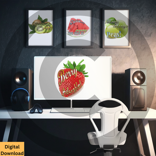 Fruit pun digital wall art set of 4 featuring strawberry, kiwi, peas, and watermelon designs

Printable kitchen and nursery decor with cute fruit-themed puns

Inspirational digital wall art set with motivational quotes

Printable typography posters for motivation and inspiration

Fruit Digital Wall Art Set of 4 www.justsaynpromos.com