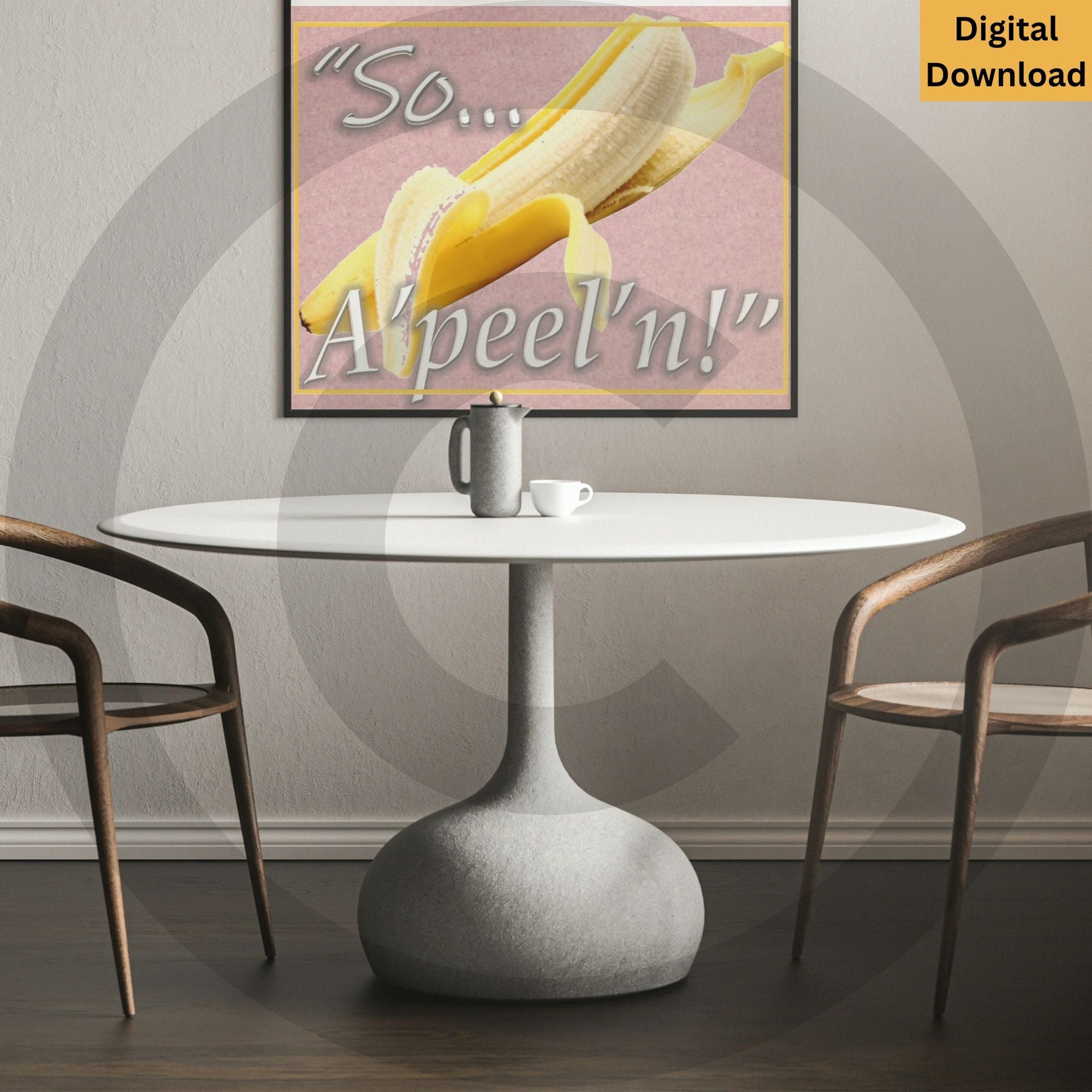 So... A'peel'n! banana pun digital wall art printable

Funny banana illustration with playful typography instant download

So... A'peel'n! funny banana digital wall art download

Body positivity printable decor with banana illustration

So... A'peel'n! Digital Wall Art www.justsaynpromos.com