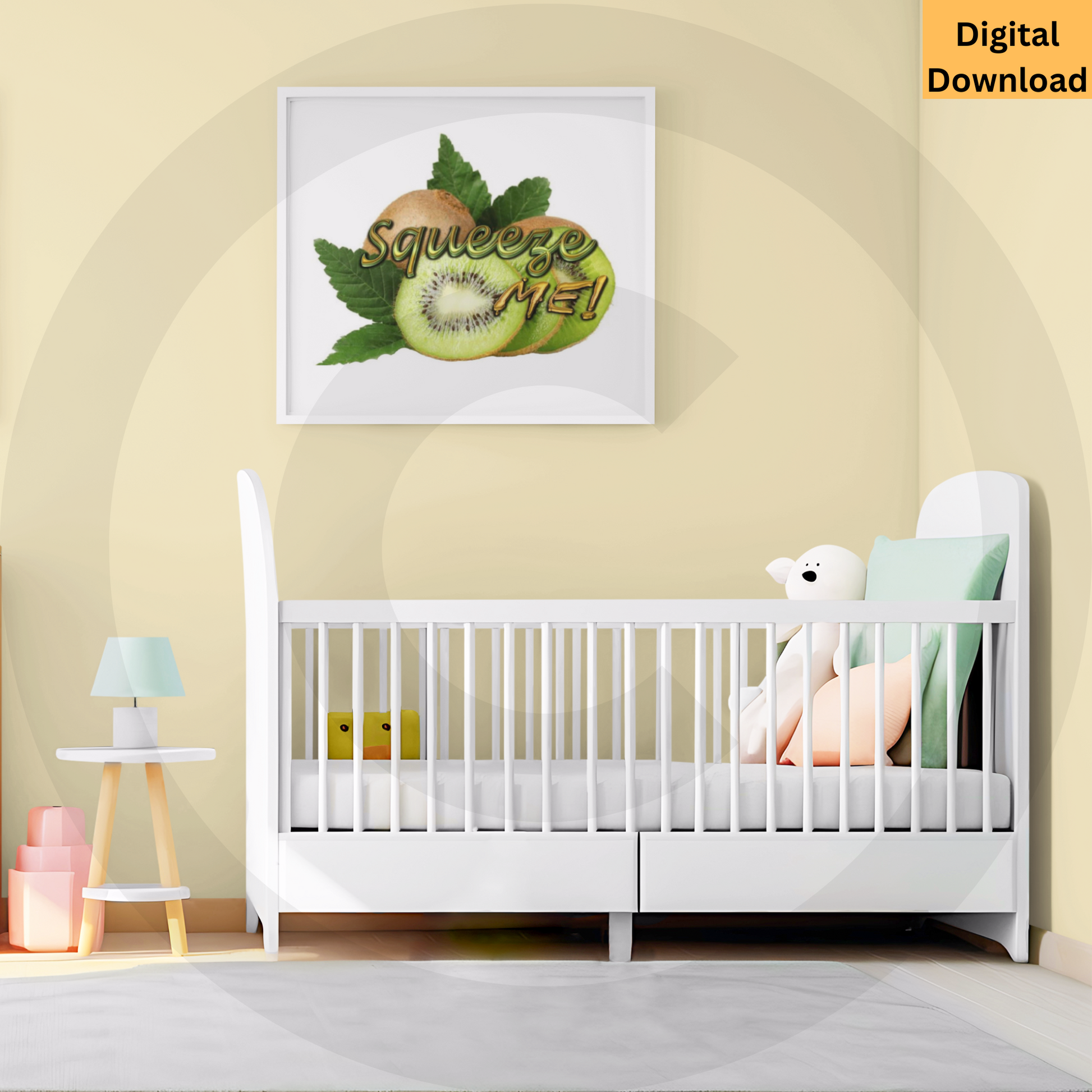 Squeeze Me! kiwi pun digital wall art printable
Cute kiwi fruit illustration with playful typography instant download
Cute fruit-themed nursery decor instant download
www.justsaynpromos.com