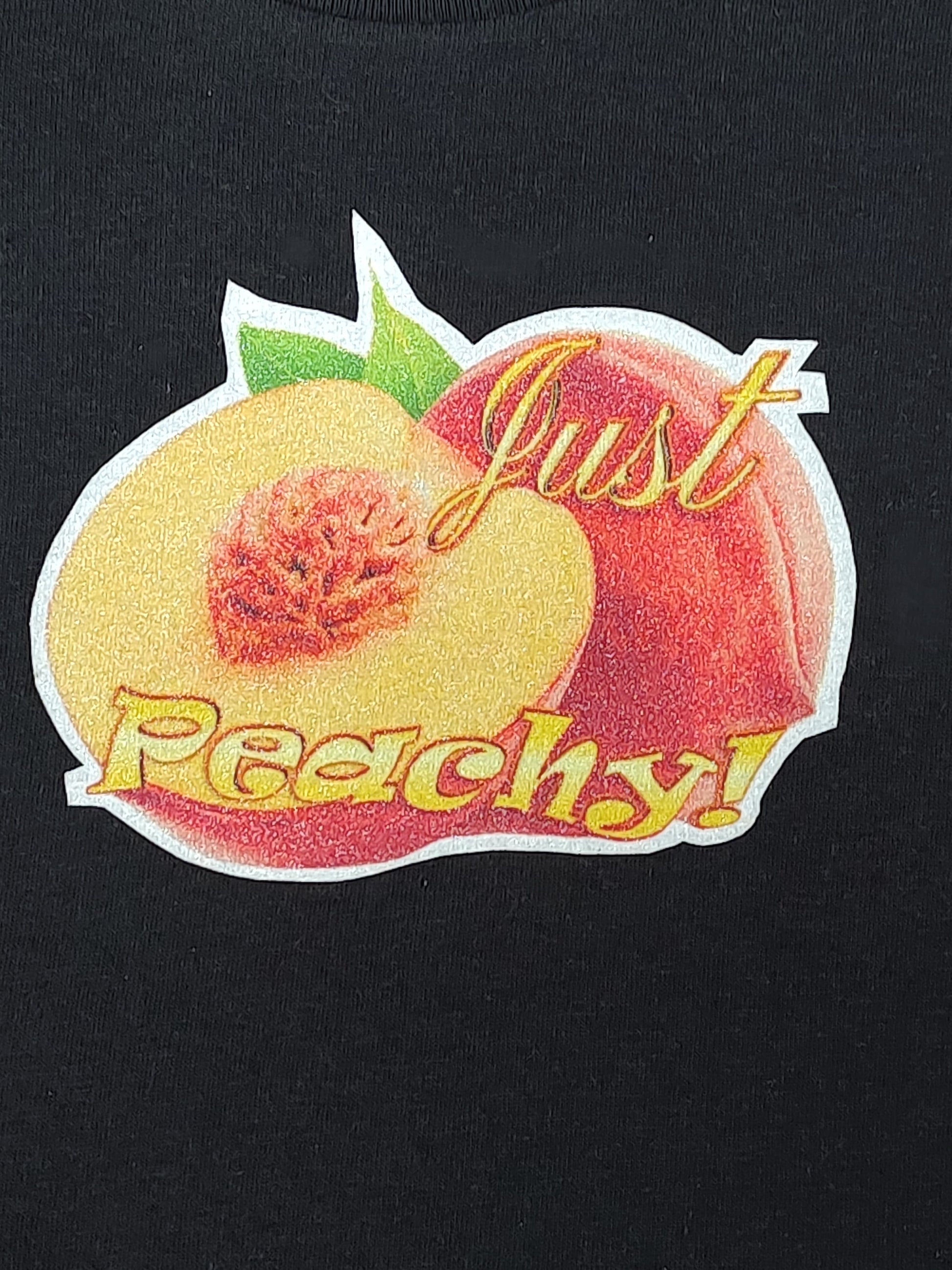 Just Peachy black toddler tee glitter peach graphic hand-pressed  
Peachy pun toddler shirt 12 months
www.justsaynpromos.com