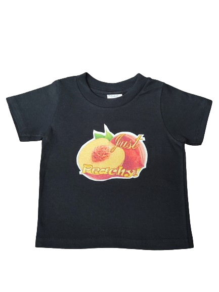 Just Peachy black toddler tee glitter peach graphic hand-pressed  
Peachy pun toddler shirt 12 months
www.justsaynpromos.com