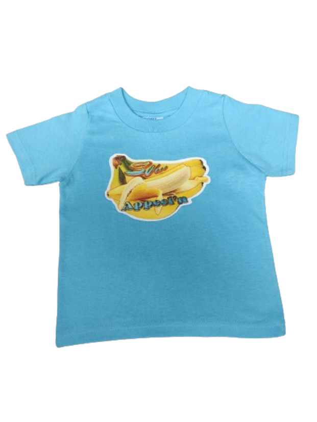 So Appeel’n blue toddler tee glitter banana hand-pressed  
Glitter banana toddler shirt 12 months
www.justsaynpromos.com