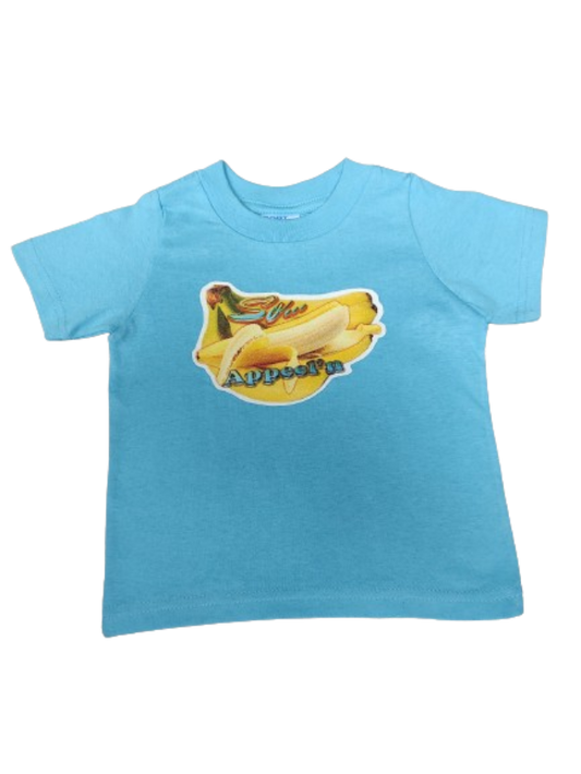 So Appeel’n blue toddler tee glitter banana hand-pressed  
Glitter banana toddler shirt 12 months
www.justsaynpromos.com