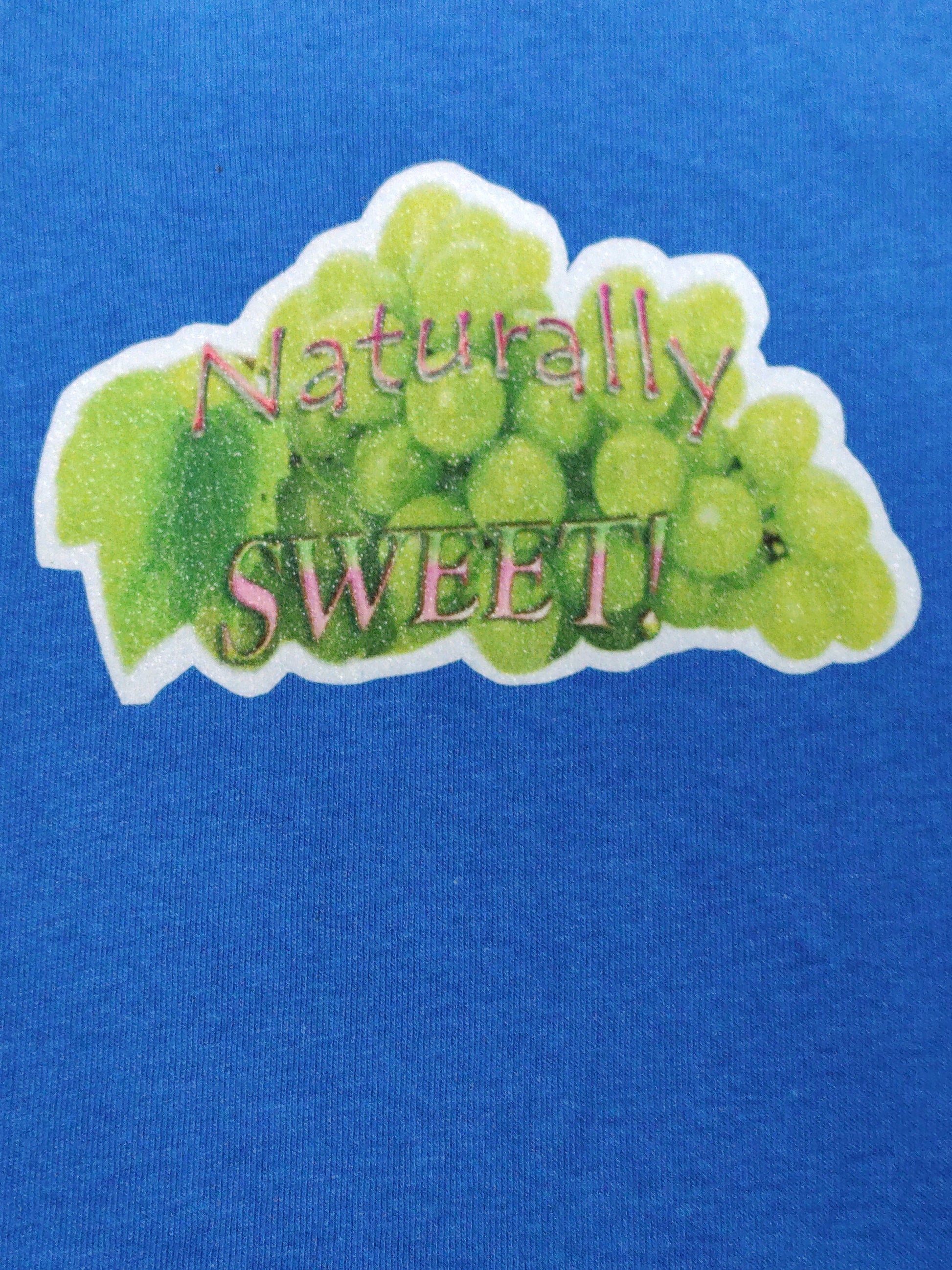 Naturally Sweet blue toddler tee glitter green grapes hand-pressed  
Blue fruit themed toddler shirt 12 months
www.justsaynpromos.com