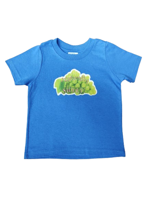 Naturally Sweet blue toddler tee glitter green grapes hand-pressed  
Blue fruit themed toddler shirt 12 months
www.justsaynpromos.com