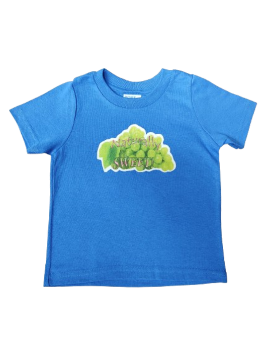 Naturally Sweet blue toddler tee glitter green grapes hand-pressed  
Blue fruit themed toddler shirt 12 months
www.justsaynpromos.com