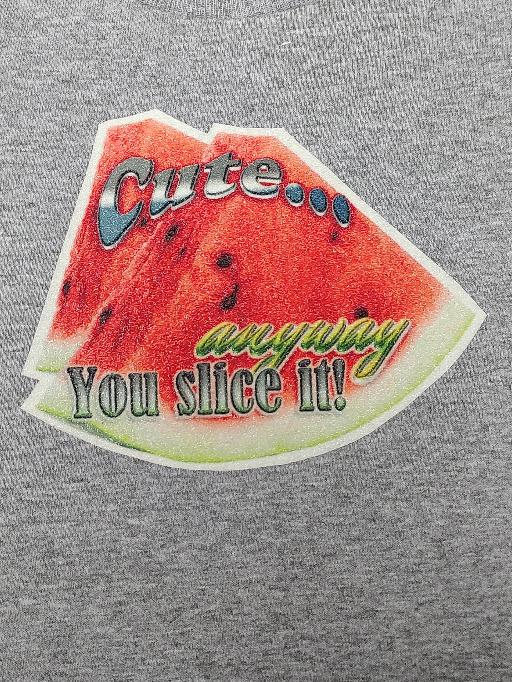 Cute anyway you slice it gray toddler tee glitter watermelon hand-pressed  
Gray watermelon toddler shirt 18 months
www.justsaynpromos.com