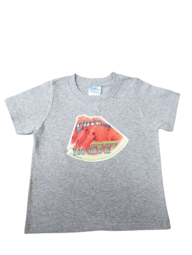 Cute anyway you slice it gray toddler tee glitter watermelon hand-pressed  
Gray watermelon toddler shirt 18 months
www.justsaynpromos.com