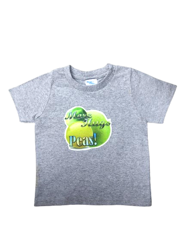 More Hugs Peas gray toddler shirt glitter peas hand-pressed  
Fruit pun toddler tee 18 months
www.justsaynpromos.com