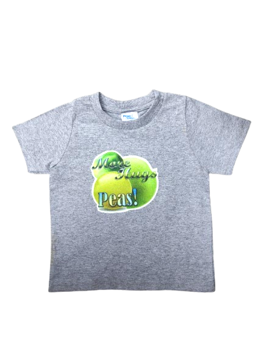 More Hugs Peas gray toddler shirt glitter peas hand-pressed  
Fruit pun toddler tee 18 months
www.justsaynpromos.com