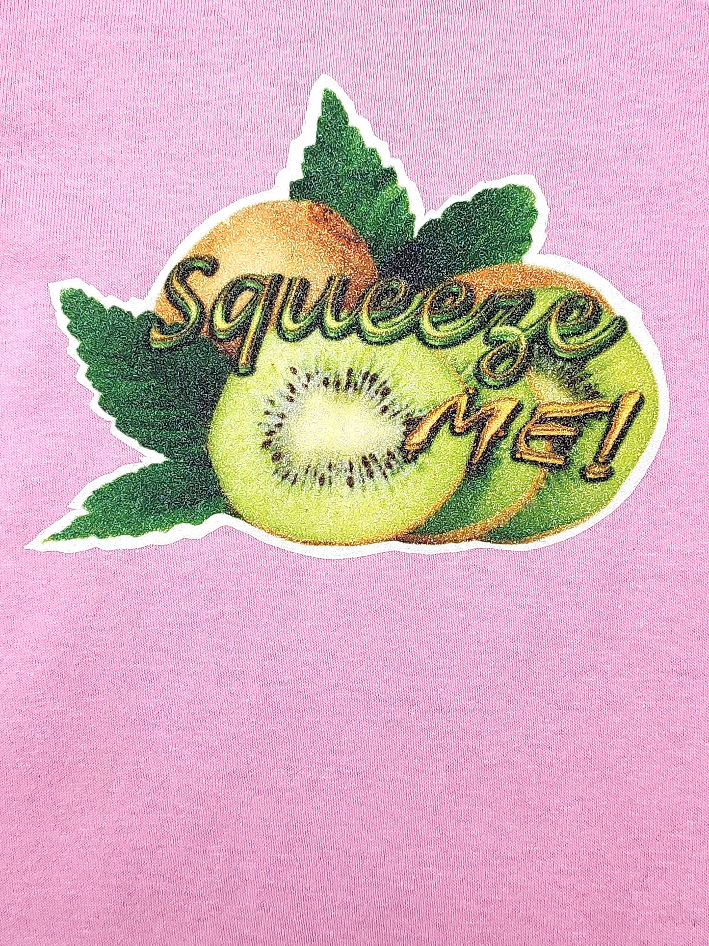Squeeze Me pink toddler tee glitter kiwi hand-pressed  
Pink kiwi toddler shirt 12 months
www.justsaynpromos.com