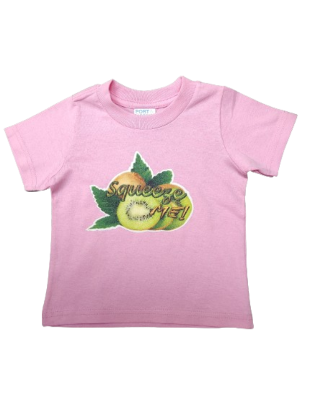 Squeeze Me pink toddler tee glitter kiwi hand-pressed  
Pink kiwi toddler shirt 12 months
www.justsaynpromos.com