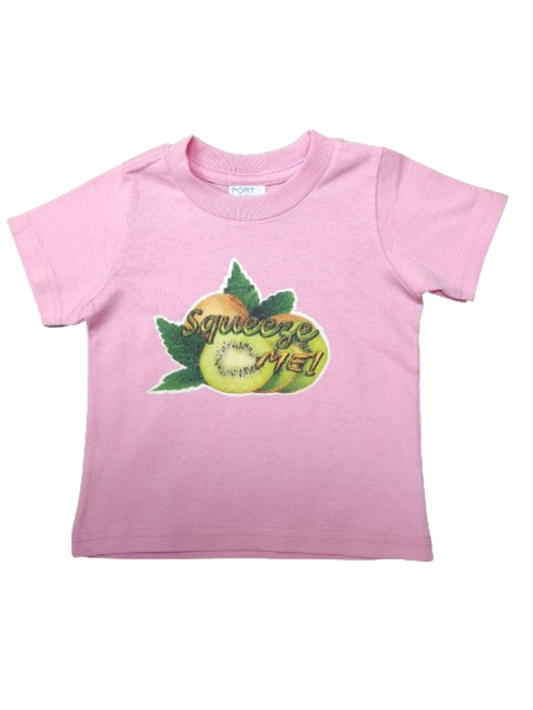Squeeze Me pink toddler tee glitter kiwi hand-pressed  
Pink kiwi toddler shirt 12 months
www.justsaynpromos.com