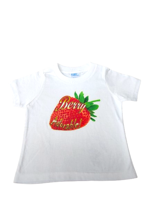 Berry Adorable white toddler tee glitter strawberry hand pressed  
Fruit themed baby tee white for 12 month old
www.justsaynpromos.com
