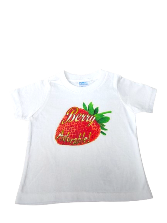 Berry Adorable white toddler tee glitter strawberry hand pressed  
Fruit themed baby tee white for 12 month old
www.justsaynpromos.com