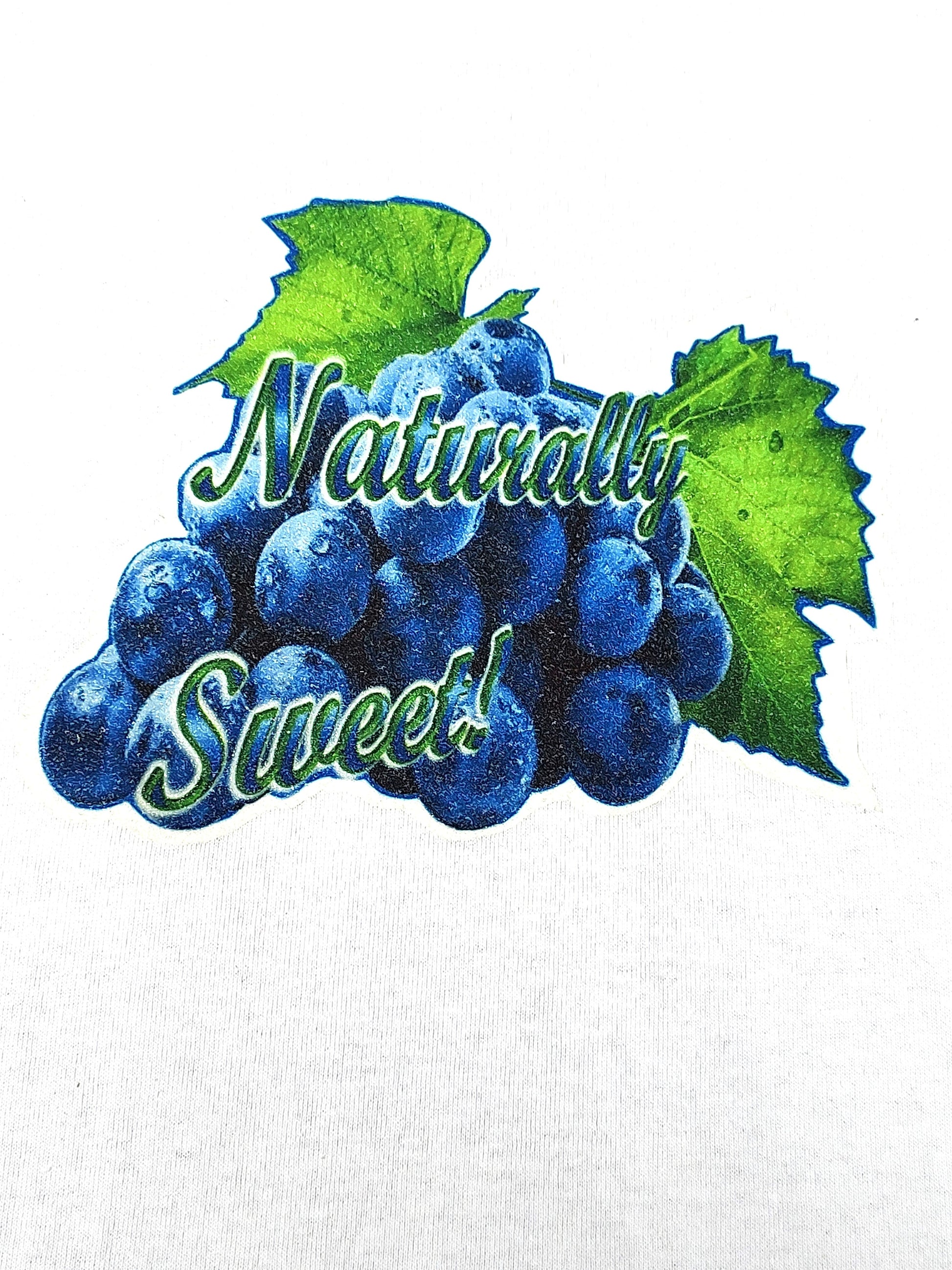 Naturally Sweet white toddler tee glitter grapes hand-pressed  
White fruit themed toddler shirt 18 months
www.justsaynpromos.com