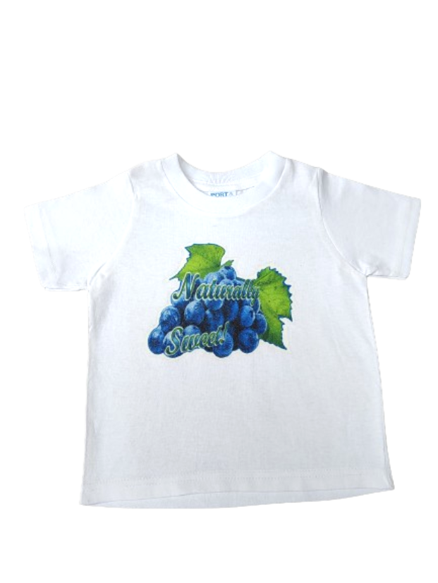 Naturally Sweet white toddler tee glitter grapes hand-pressed  
White fruit themed toddler shirt 18 months
www.justsaynpromos.com