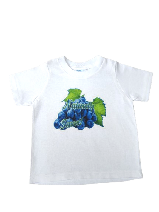 Naturally Sweet white toddler tee glitter grapes hand-pressed  
White fruit themed toddler shirt 18 months
www.justsaynpromos.com