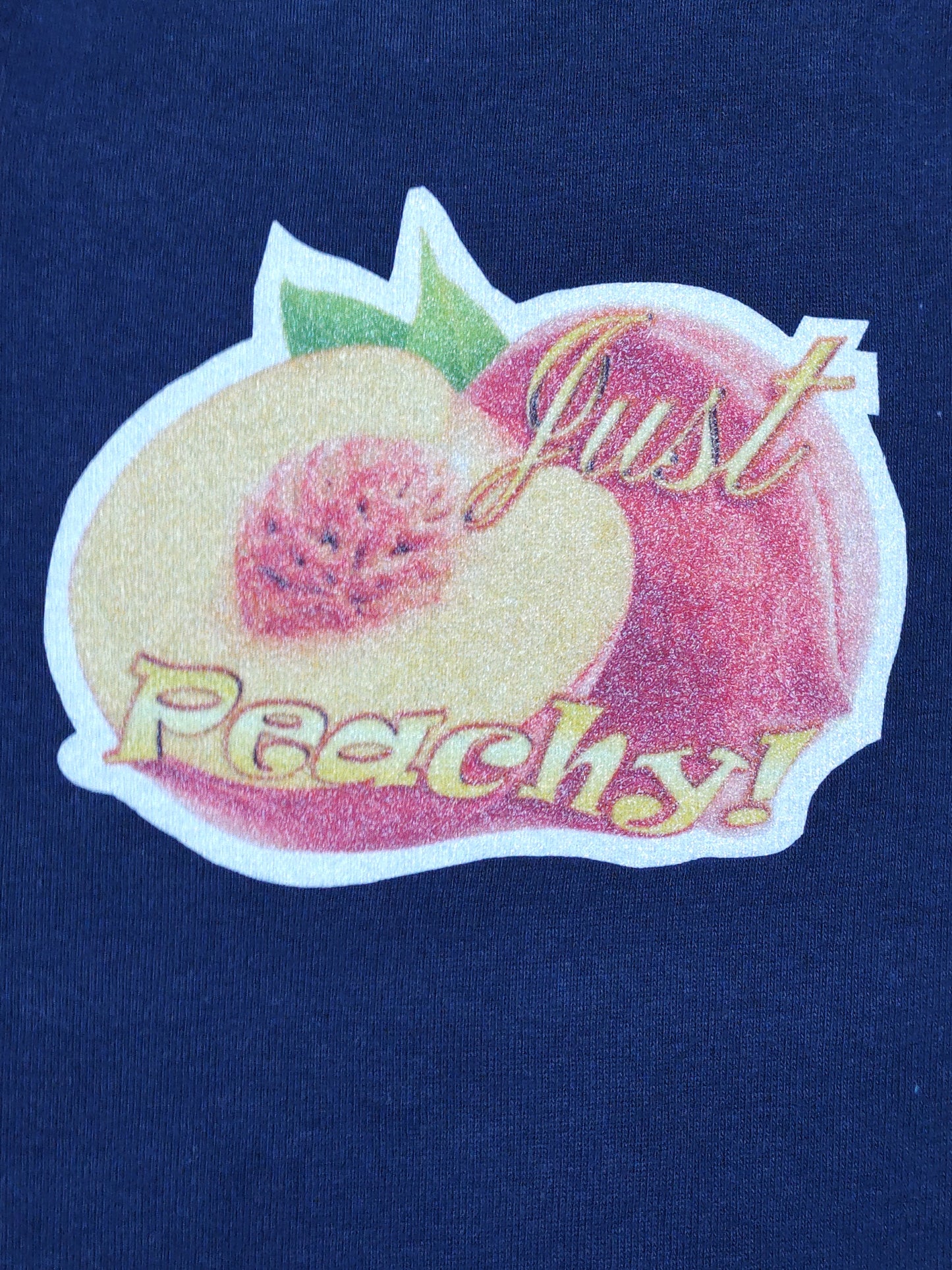 Just Peachy navy blue baby bodysuit glitter peach graphic hand-pressed  
Glitter-infused navy blue baby onesie with peach design 12 months
www.justsaynpromos.com