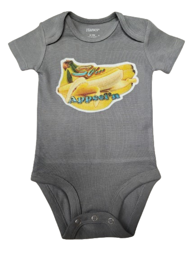 So Appeelin gray baby bodysuit glitter banana hand-pressed  
Banana-themed baby bodysuit 6-12 months
www.justsaynpromos.com