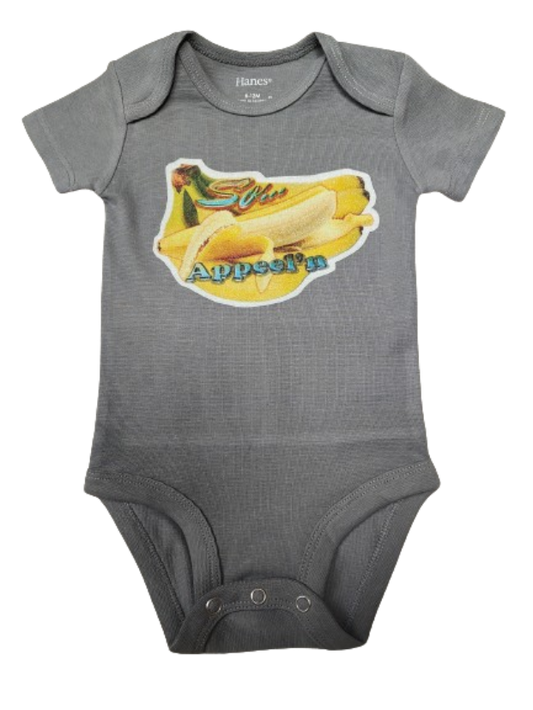 So Appeelin gray baby bodysuit glitter banana hand-pressed  
Banana-themed baby bodysuit 6-12 months
www.justsaynpromos.com