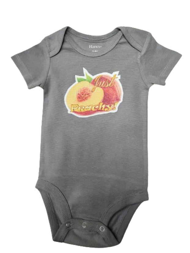 Just Peachy gray baby bodysuit glitter peach hand-pressed  
Fruit themed baby bodysuit gray 12-18 months
www.justsaynpromos.com