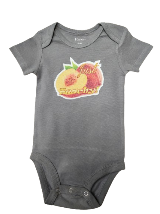 Just Peachy gray baby bodysuit glitter peach hand-pressed  
Fruit themed baby bodysuit gray 12-18 months
www.justsaynpromos.com