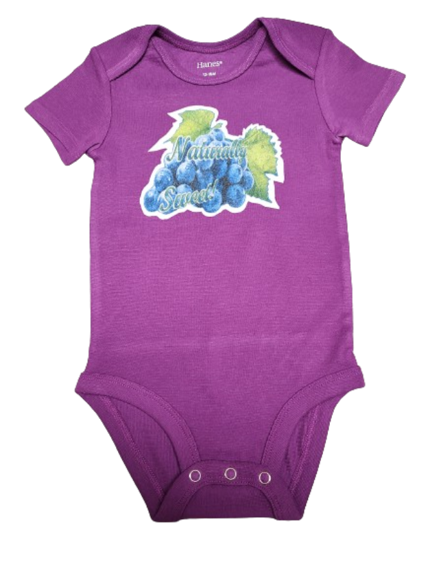Naturally Sweet purple baby bodysuit glitter blue grapes hand-pressed  
Purple fruit themed baby romper glitter grape onesie 12-18 months
www.justsaynpromos.com