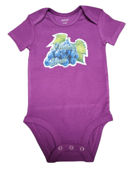 Naturally Sweet purple baby bodysuit glitter blue grapes hand-pressed  
Purple fruit themed baby romper glitter grape onesie 12-18 months
www.justsaynpromos.com
