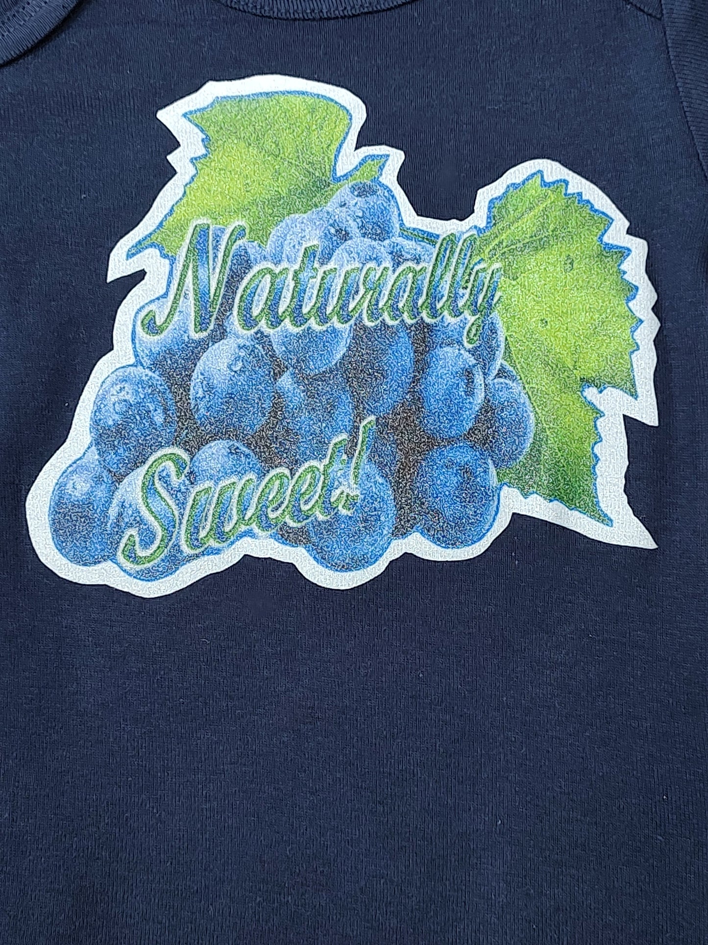 Naturally Sweet navy baby bodysuit glitter blue grapes hand-pressed  
Navy fruit themed baby romper 18 months
www.justsaynpromos.com