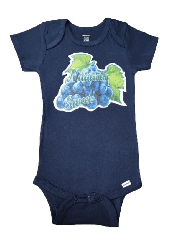 Naturally Sweet navy baby bodysuit glitter blue grapes hand-pressed  
Navy fruit themed baby romper 18 months
www.justsaynpromos.com