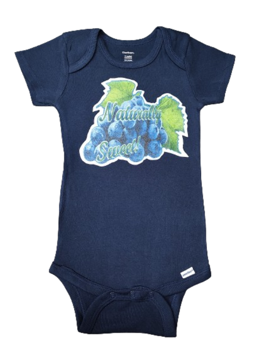 Naturally Sweet navy baby bodysuit glitter blue grapes hand-pressed  
Navy fruit themed baby romper 18 months
www.justsaynpromos.com