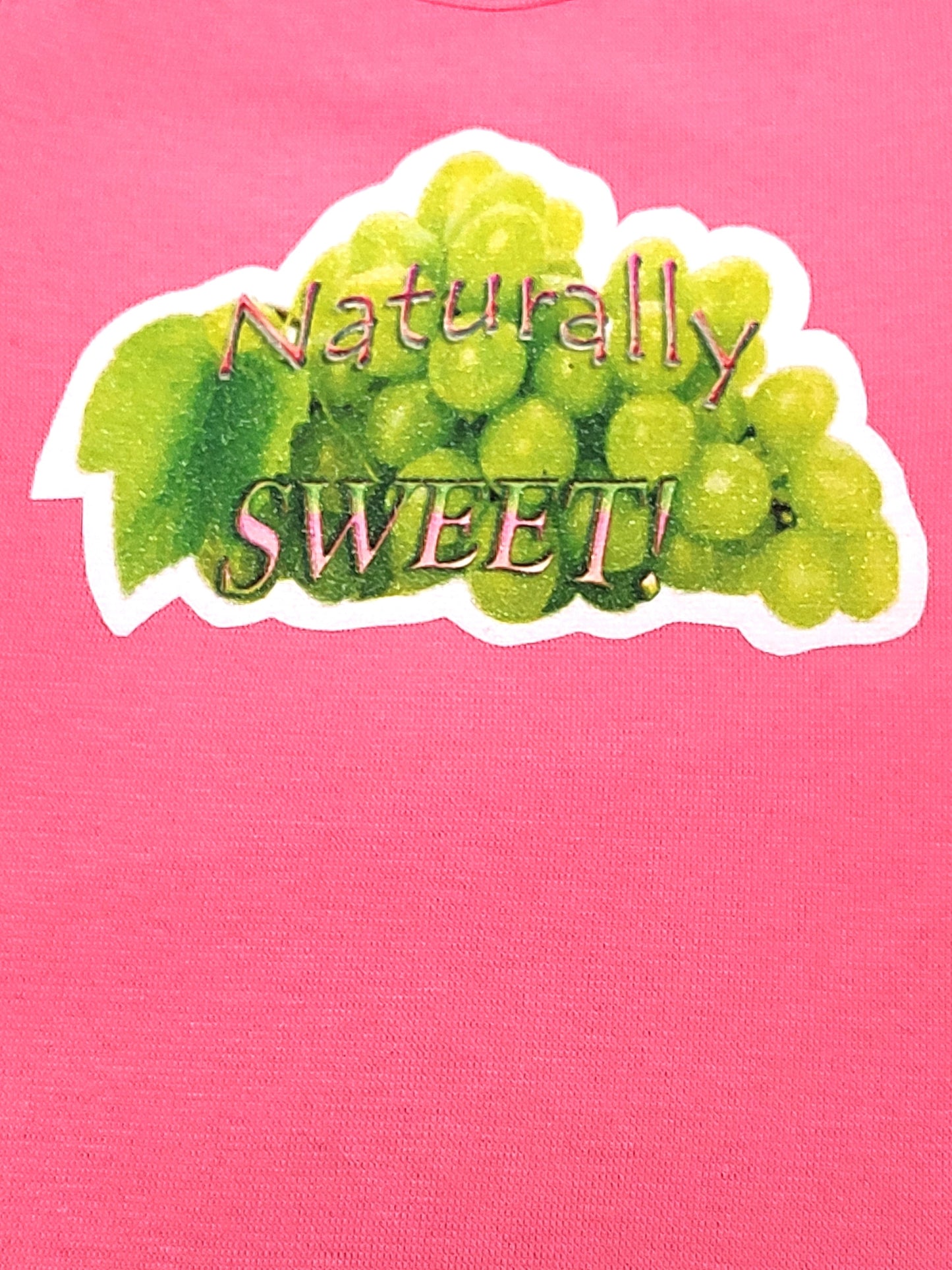 Naturally Sweet light hot pink toddler bodysuit glitter green grapes hand-pressed  
Pink fruit themed toddler romper 12-18 months
www.justsaynpromos.com