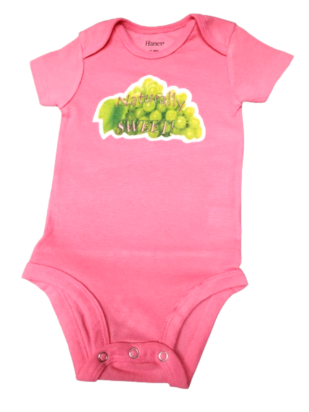 Naturally Sweet light hot pink toddler bodysuit glitter green grapes hand-pressed  
Pink fruit themed toddler romper 12-18 months
www.justsaynpromos.com