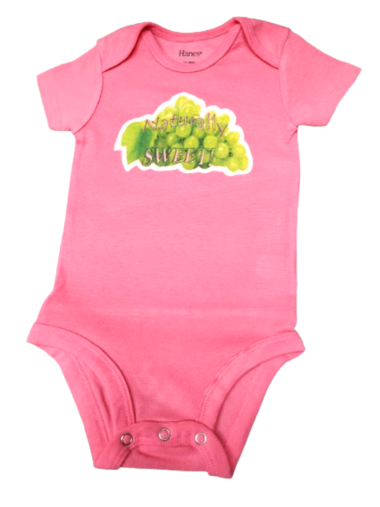 Naturally Sweet light hot pink toddler bodysuit glitter green grapes hand-pressed  
Pink fruit themed toddler romper 12-18 months
www.justsaynpromos.com