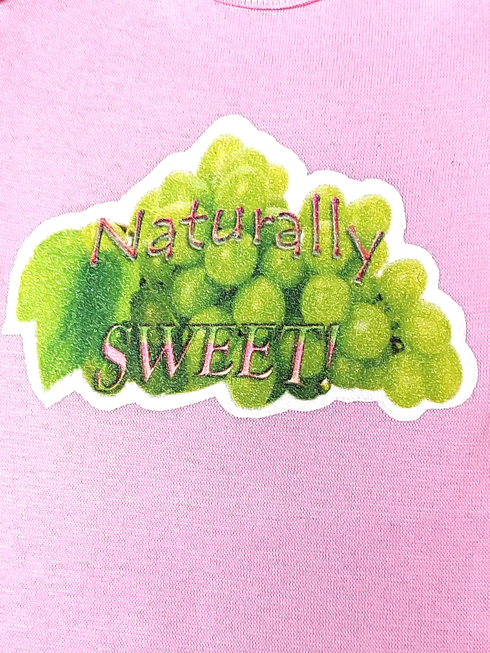 Naturally Sweet light pink baby bodysuit glitter green grapes hand-pressed  
Pink fruit themed baby romper 6-12 months
www.justsaynpromos.com