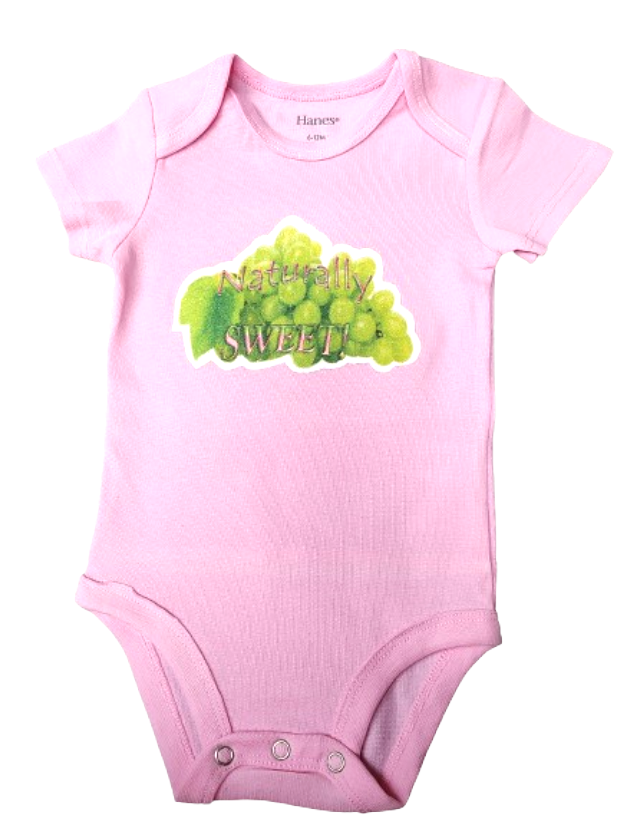 Naturally Sweet light pink baby bodysuit glitter green grapes hand-pressed  
Pink fruit themed baby romper 6-12 months
www.justsaynpromos.com