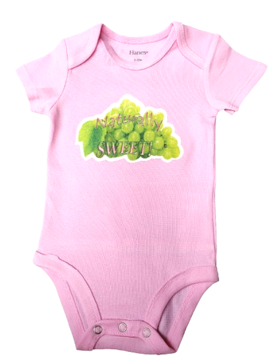 Naturally Sweet light pink baby bodysuit glitter green grapes hand-pressed  
Pink fruit themed baby romper 6-12 months
www.justsaynpromos.com