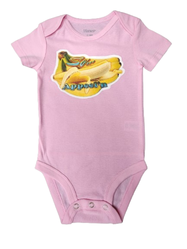 So Apeel’n pink baby bodysuit glitter banana hand-pressed  
Pink banana-themed baby bodysuit 12-18 months
www.justsaynpromos.com