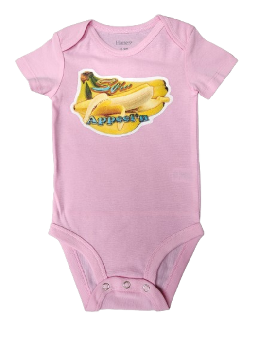 So Apeel’n pink baby bodysuit glitter banana hand-pressed  
Pink banana-themed baby bodysuit 12-18 months
www.justsaynpromos.com
