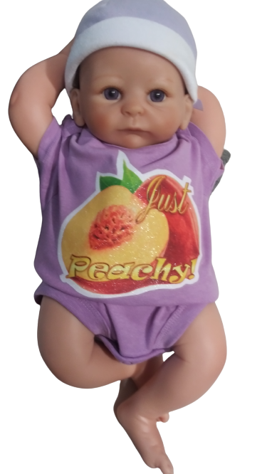 Just Peachy purple baby bodysuit glitter peach graphic hand-pressed  
Glitter-infused purple baby onesie with peach design 12-18 months
www.justsaynpromos.com