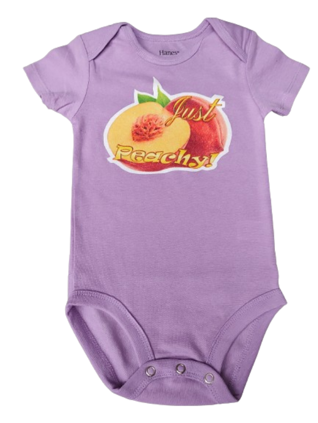 Just Peachy purple baby bodysuit glitter peach graphic hand-pressed  
Glitter-infused purple baby onesie with peach design 12-18 months
www.justsaynpromos.com
