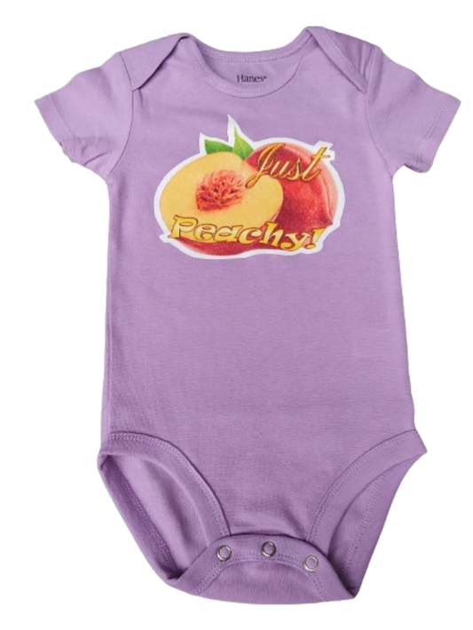 Just Peachy purple baby bodysuit glitter peach graphic hand-pressed  
Glitter-infused purple baby onesie with peach design 12-18 months
www.justsaynpromos.com