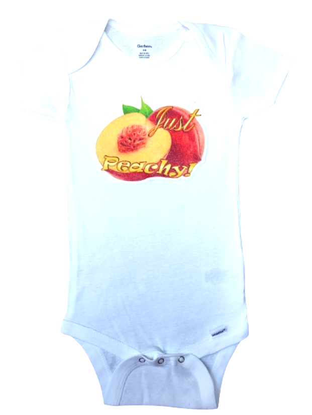 Just Peachy white baby bodysuit glitter peach hand-pressed  
Fruit-themed baby bodysuit white 18 months
White www.justsaynpromos.com