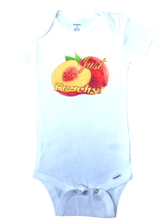 Just Peachy white baby bodysuit glitter peach hand-pressed  
Fruit-themed baby bodysuit white 18 months
White www.justsaynpromos.com