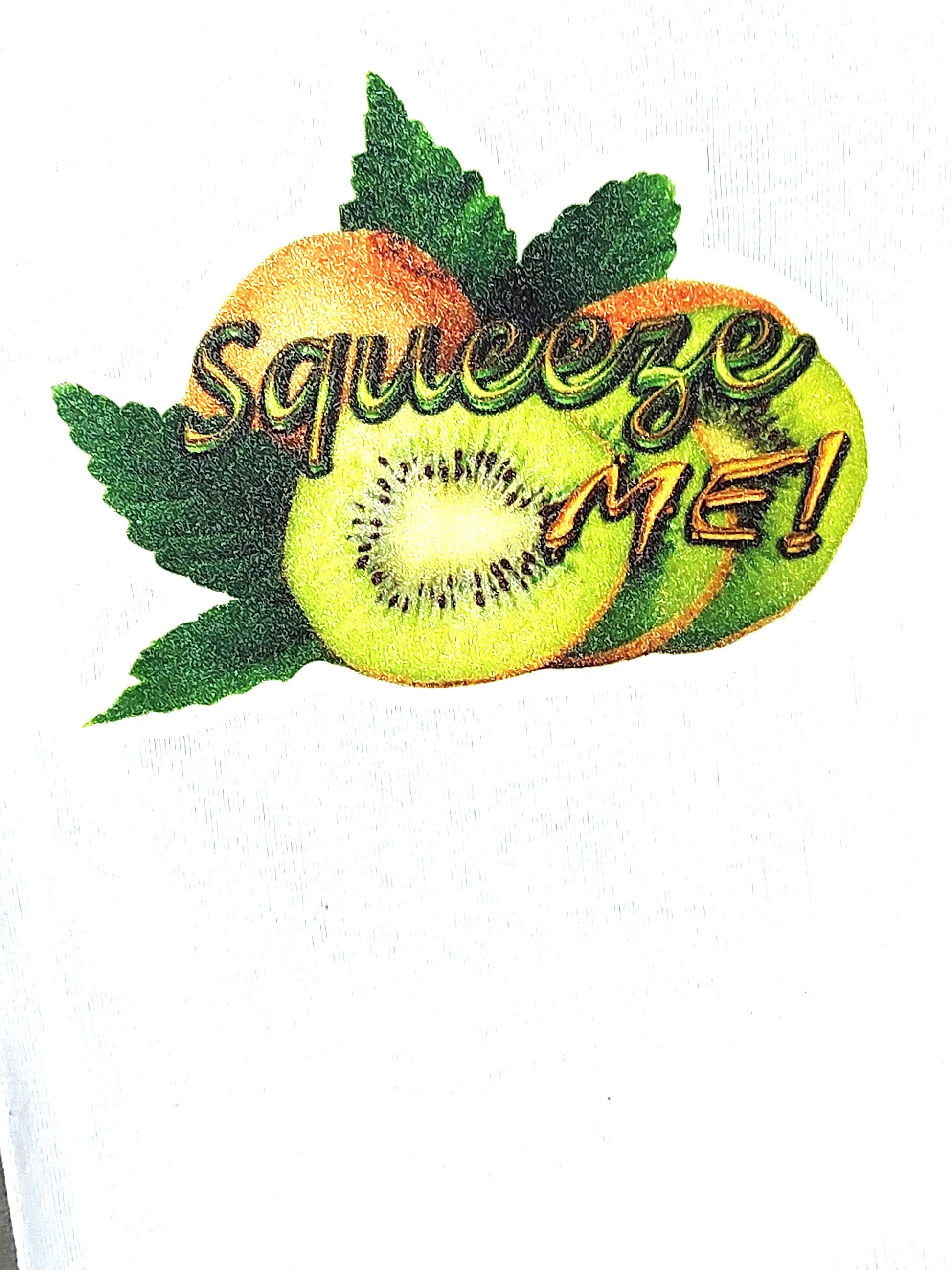 Squeeze Me white baby bodysuit glitter kiwi hand-pressed  
White kiwi baby romper 18 months fruit pun onesie
www.justsaynpromos.com