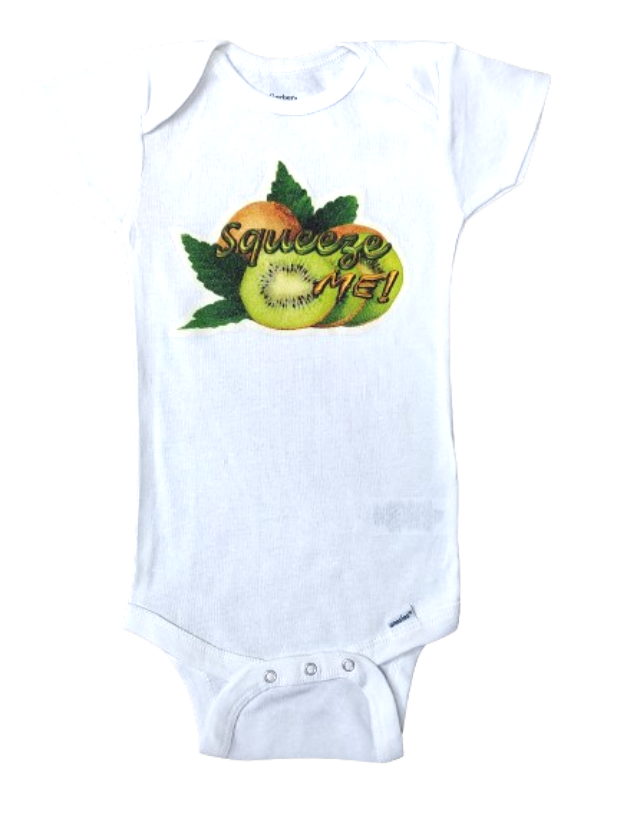 Squeeze Me white baby bodysuit glitter kiwi hand-pressed  
White kiwi baby romper 18 months fruit pun onesie
www.justsaynpromos.com